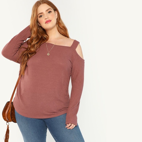 

Plus Asymmetric Shoulder Ribbed Tee, Pink