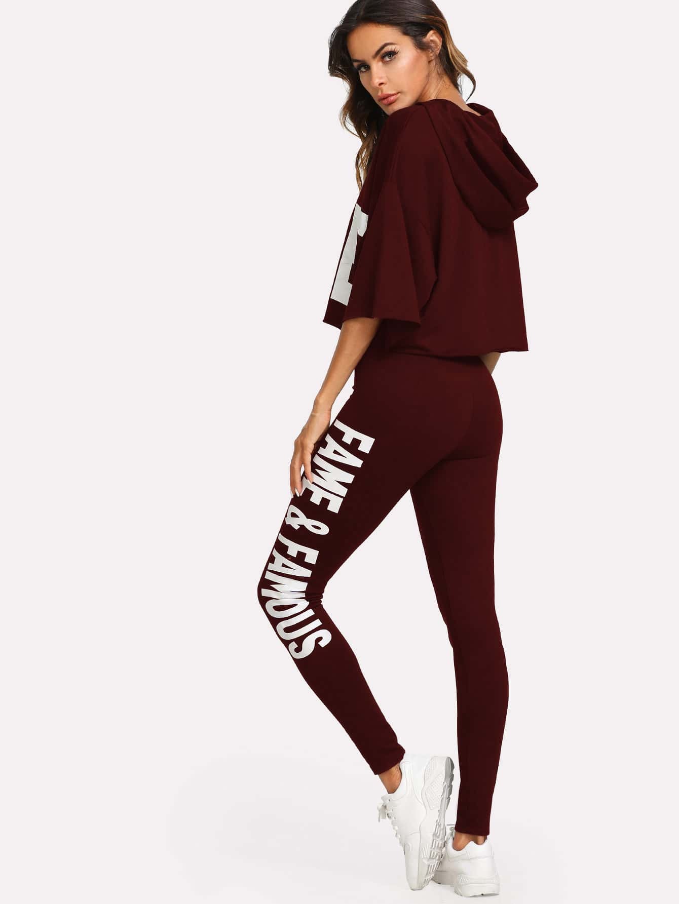 letter print hooded top & pants set