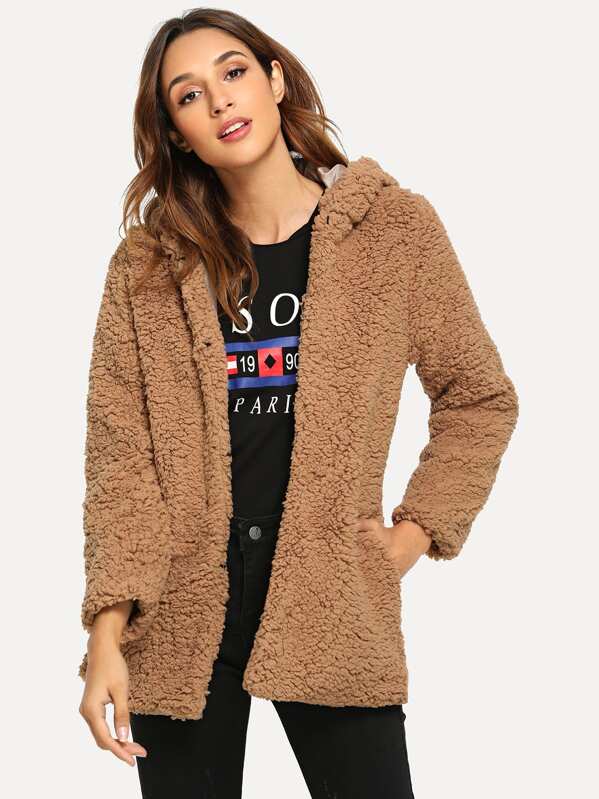 

Open Front Hoodie Solid Teddy Outerwear, Camel, Gabi B