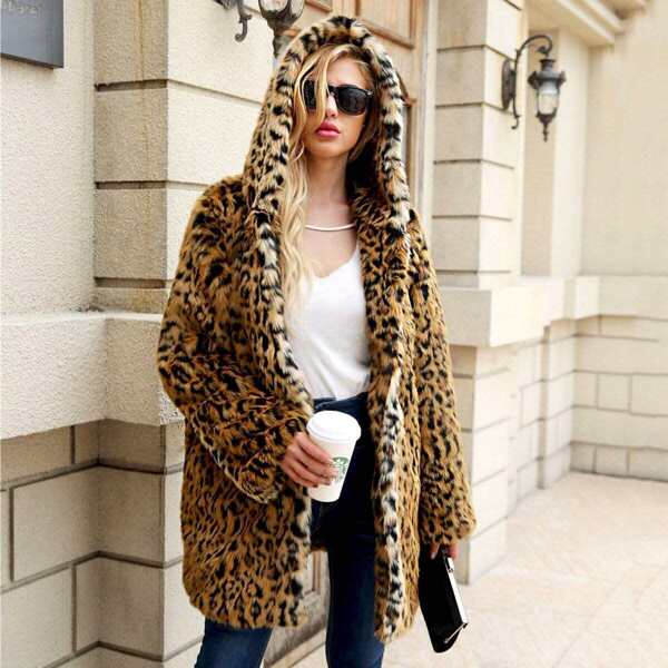 

Leopard Open Front Hoodie Outerwear, Multicolor