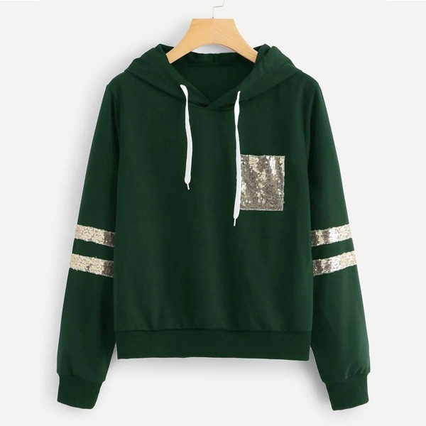 

Contrast Sequin Drawstring Detail Hooded Sweatshirt, Green