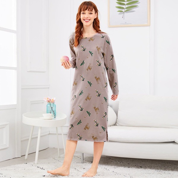 

Deer & Tree Print Night Dress, Pink