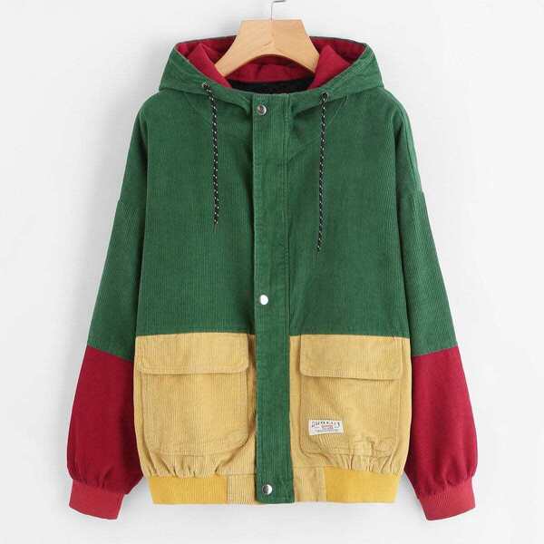 

Corduroy Color Block Drawstring Hooded Jacket