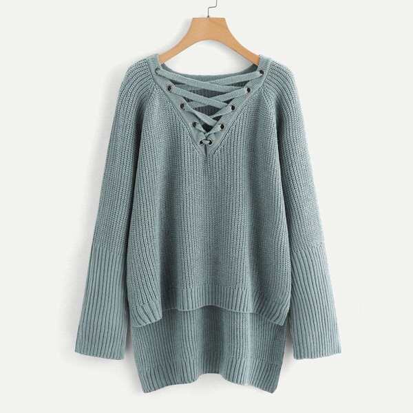 

Plus Grommet Crisscross Step Hem Sweater