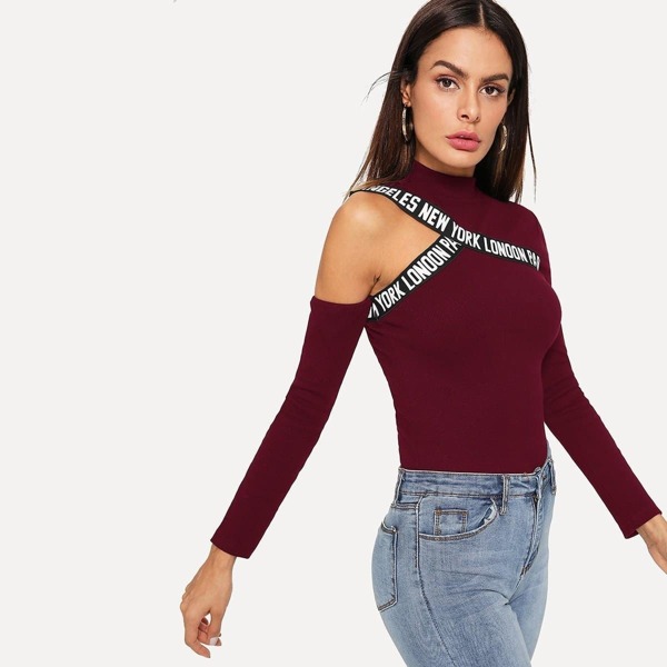 

Asymmetrical Mock Neck Letter Tee