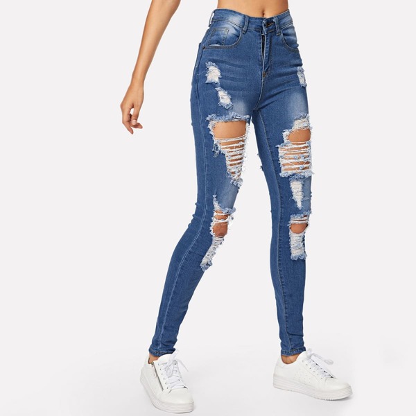 

Stonewash Distressed Skinny Jeans, Navy blue