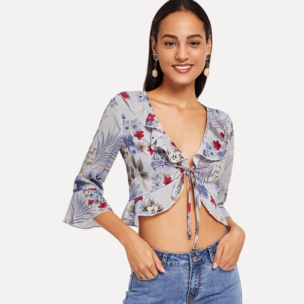 

Ruffle Trim Knot Front Botanical Top