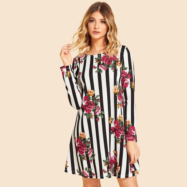 

Flower Print Striped Tunic Dress