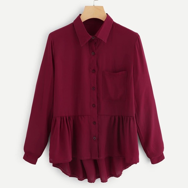 

Ruffle Hem Patch Pocket Blouse, Burgundy