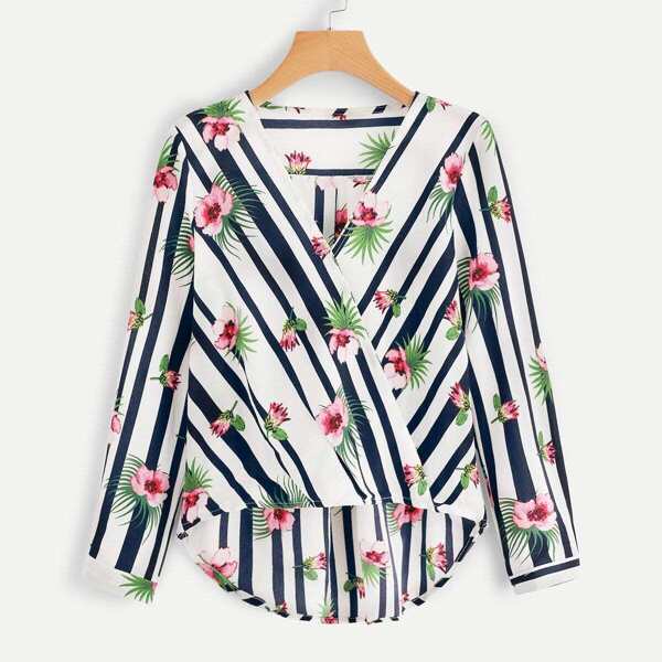 

Plus Striped & Floral Print Dip Hem Blouse