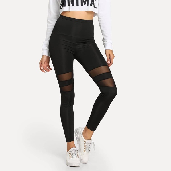 

Contrast Mesh Solid Leggings, Black
