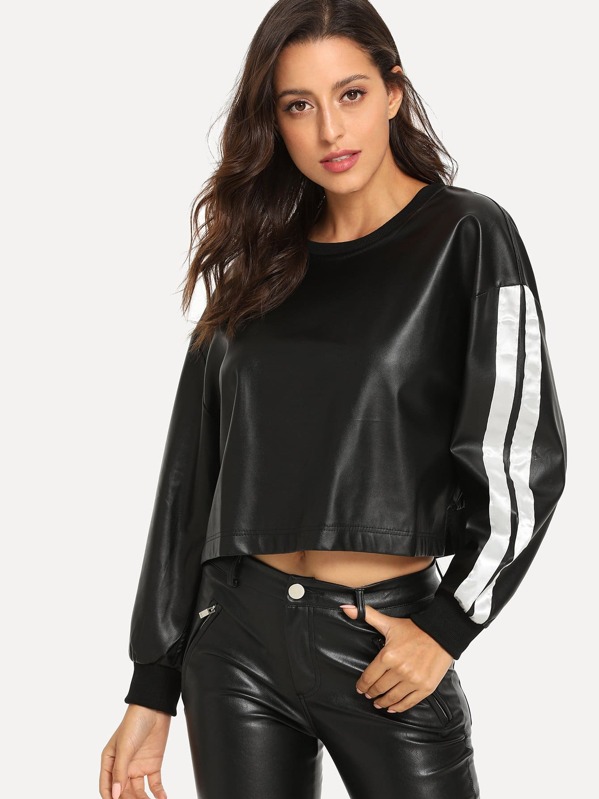 

Striped Tape PU Sweatshirt, Black, Mary P.