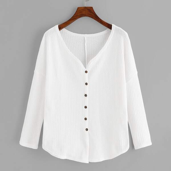 

Button Front V-Neck Solid Tee