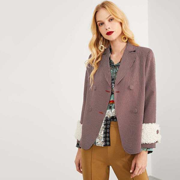 

Double Button Notched Neck Plaid Blazer
