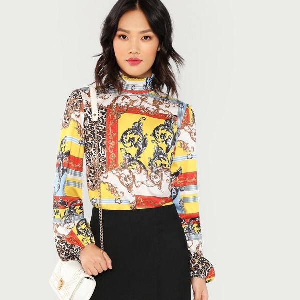 

Shirred Neck Scarf Print Top
