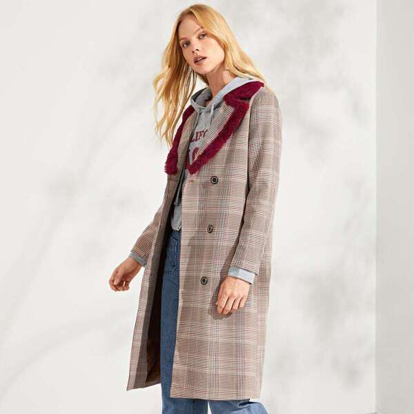 

Double Breasted Notched Neck Plaid Coat