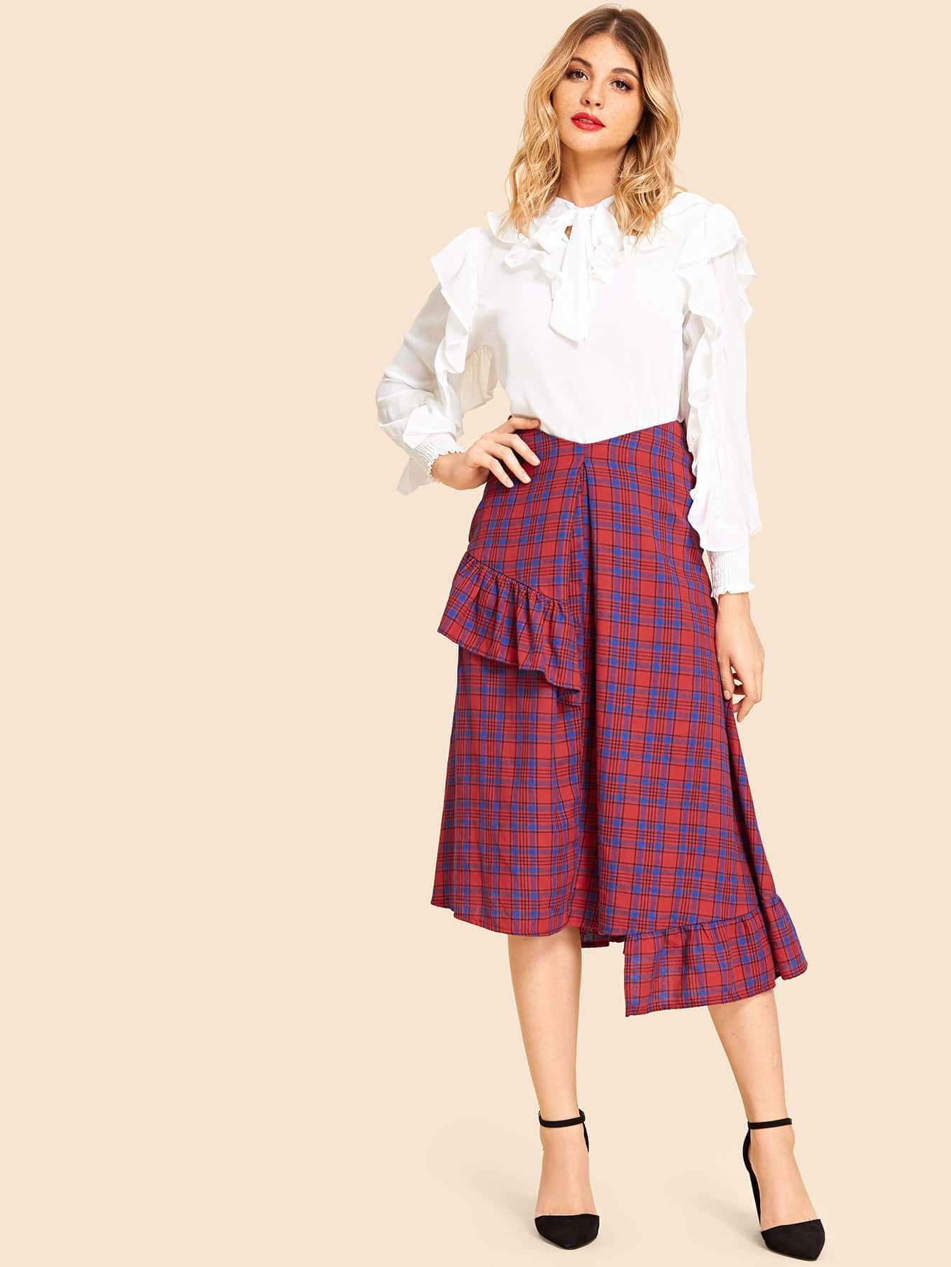 ruffle trim asymmetrical plaid skirt