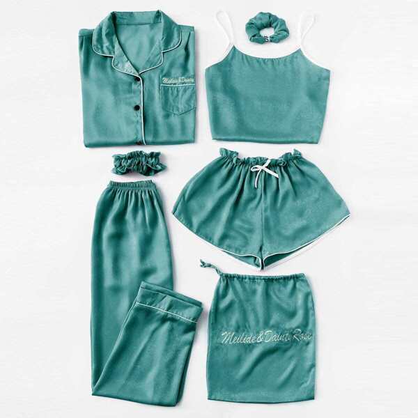 

7pcs Letter Embroidered Cami Pajama Set With Shirt