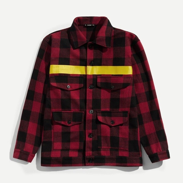 

Men Button & Pocket Front Collar Plaid Coat