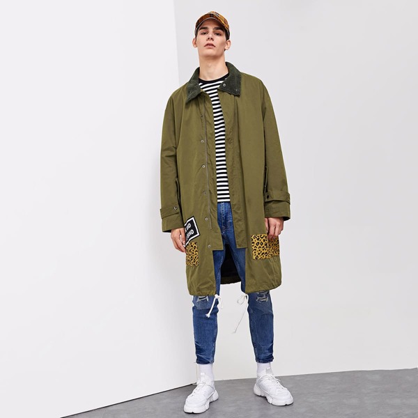 

Men Leopard Contrast Zip Collar Coat, Army green