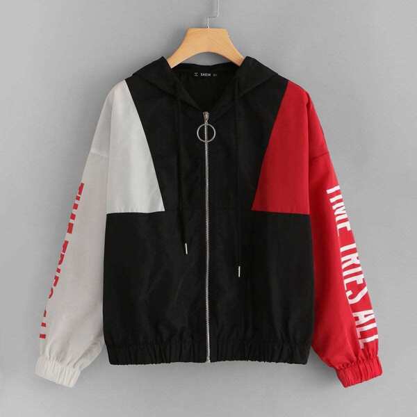 

O-Ring Zip Up Colorblock Letter Jacket, Multicolor