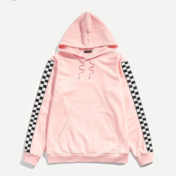 

Men Pocket Up Drawstring Plaid Hoodie