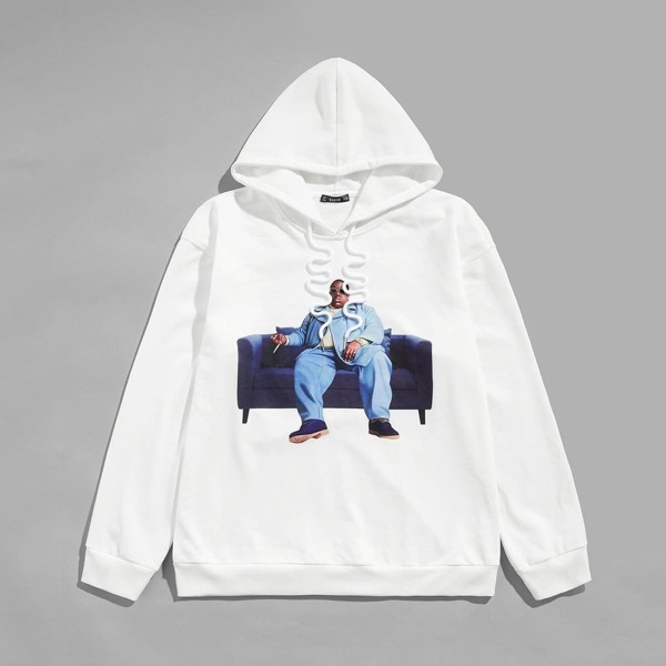 

Men Figure Print Drawstring Hoodie, White