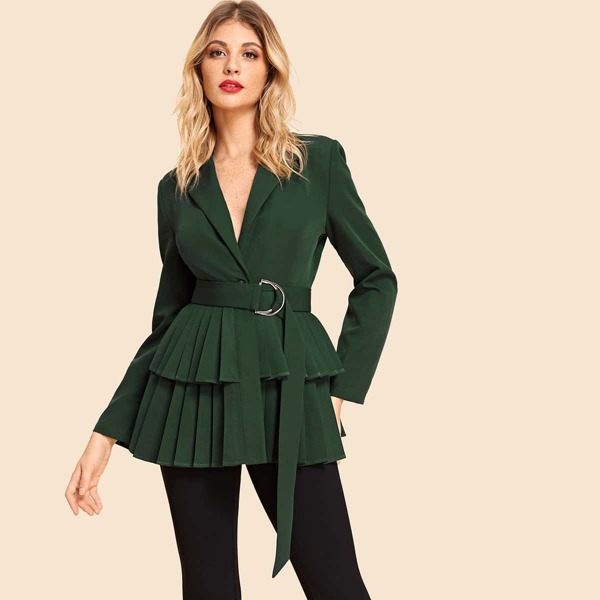 

Tiered Pleated Hem Belted Blazer