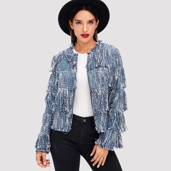 

Open Front Tiered Fringe Tweed Coat