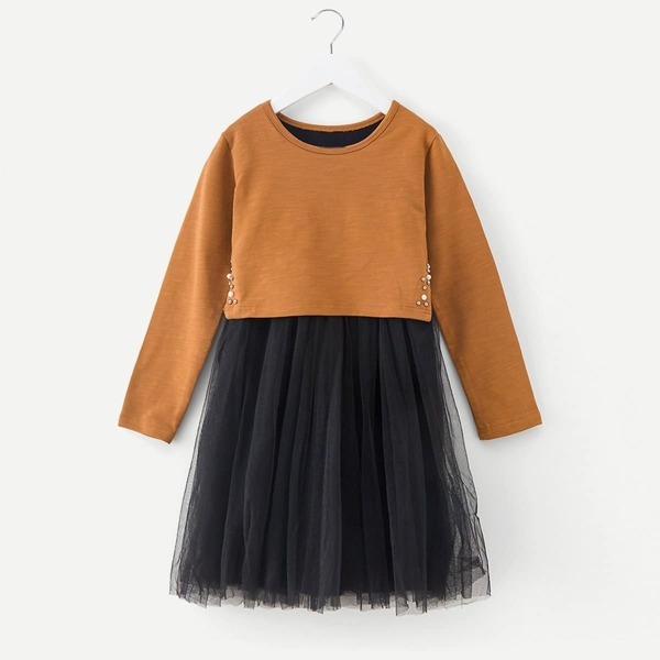 

Toddler Girls Contrast Mesh Beaded Dress