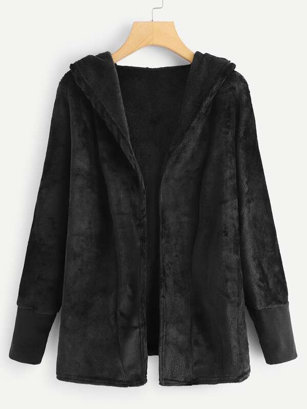 

Solid Coral Fleece Hooded Coat, Black