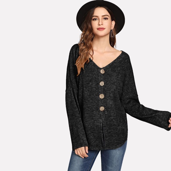 

Single Breasted Dip Hem Sweater, Black