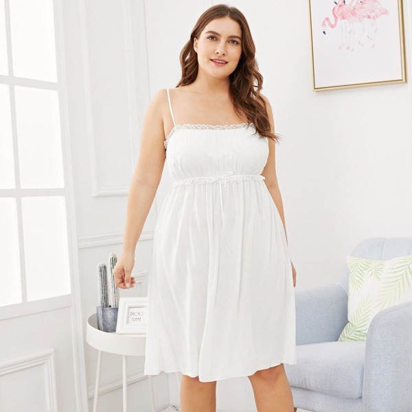 

Plus Lace Trim Knot Detail Cami Dress, White