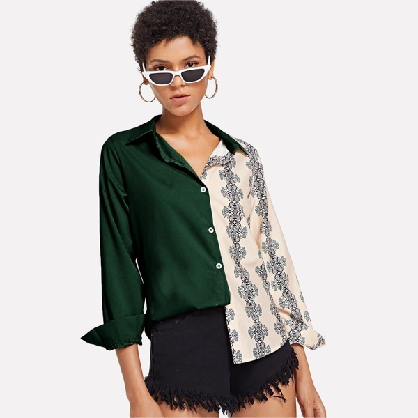

Contrast Panel Geo Print Blouse