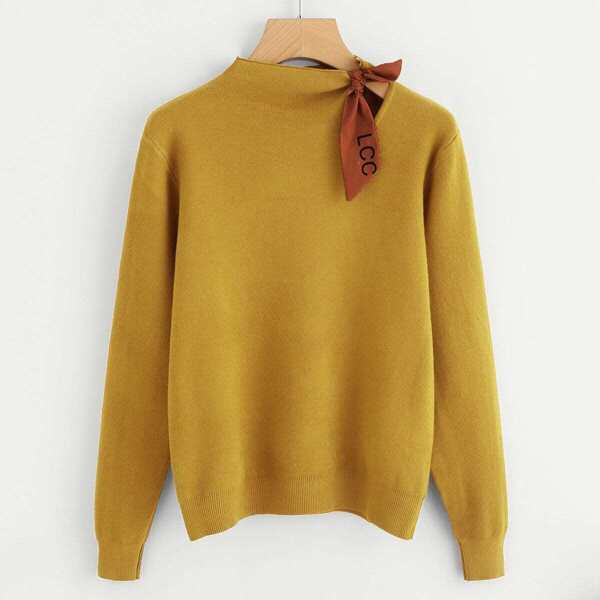 

Knot Neck Solid Sweater, Yellow