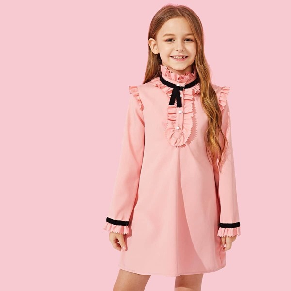

Girls Frill Trim Button Front Tunic Dress, Pink