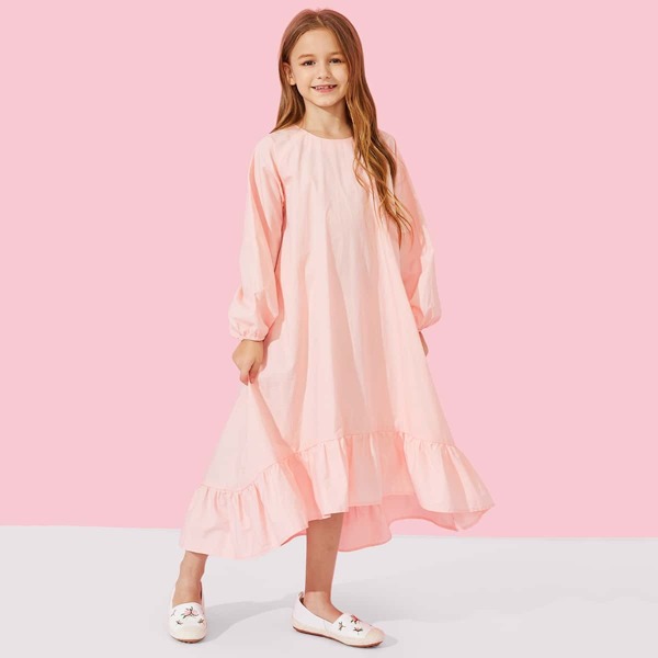 

Girls Zip Back Ruffle Hem Dress, Pink