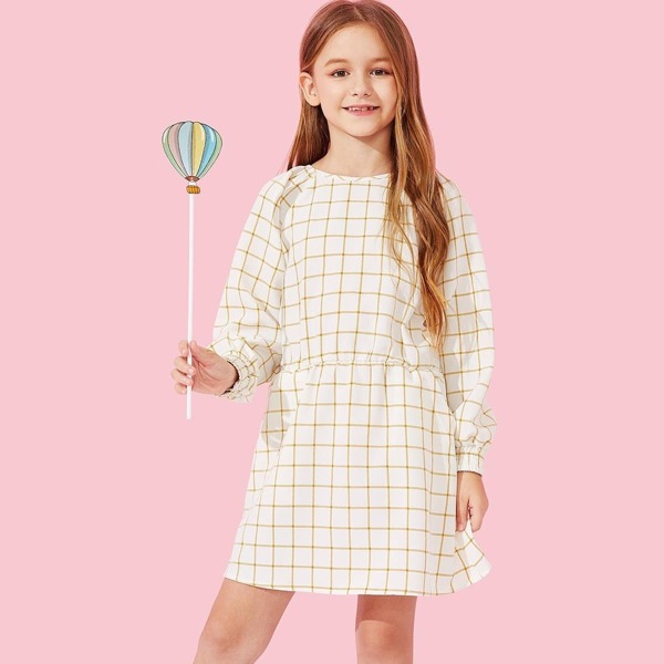 

Girls Zip Back Grid Print Dress, White