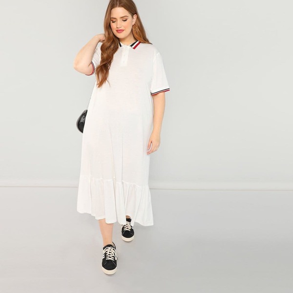 

Plus Contrast Striped Ruffle Hem Polo Dress, White