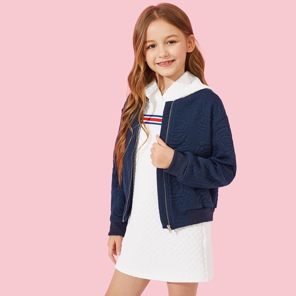

Girls Floral Embossed Bomber Jacket, Navy blue