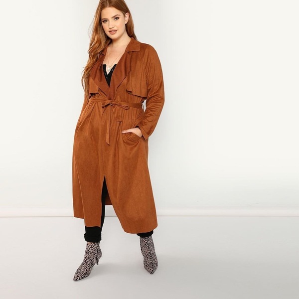 

Plus Self Tie Waist Longline Suede Coat