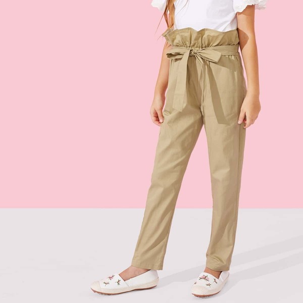 

Girls Ruffle Detail Waist Belted Solid Pants, Khaki