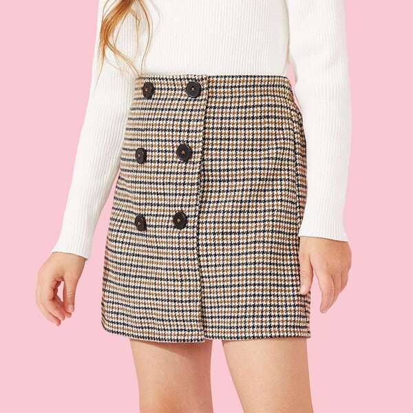 

Girls Double Button Houndstooth Skirt, Multicolor