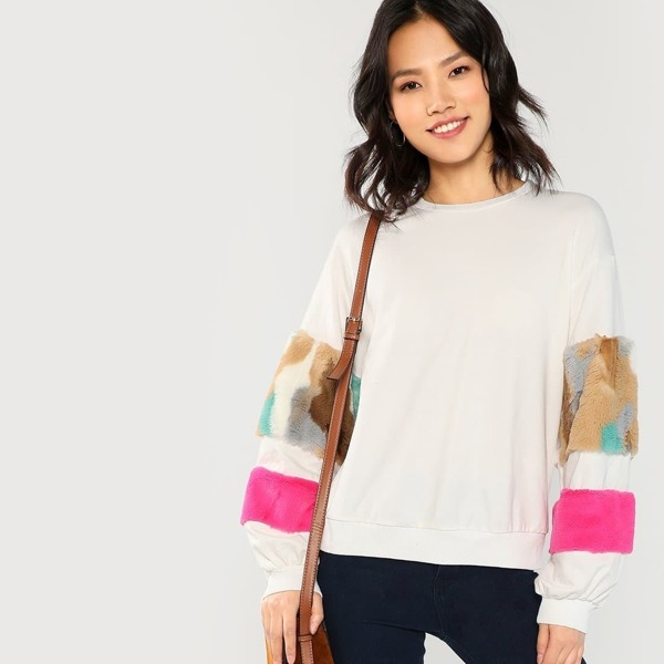 

Mock Neck Faux Fur Sweatshirt, White