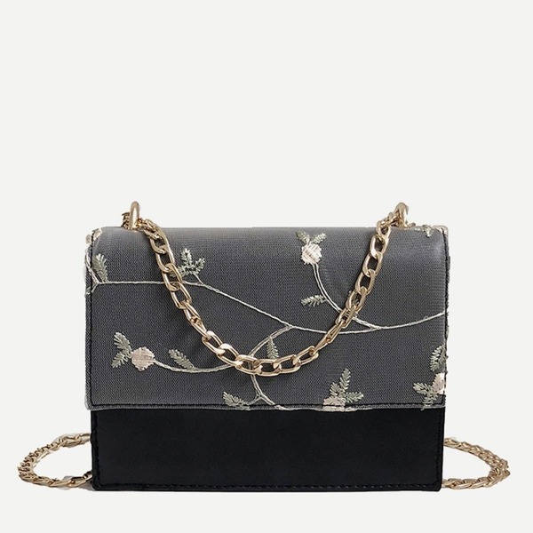 

Contrast Mesh Floral Embroidered Chain Bag, Black