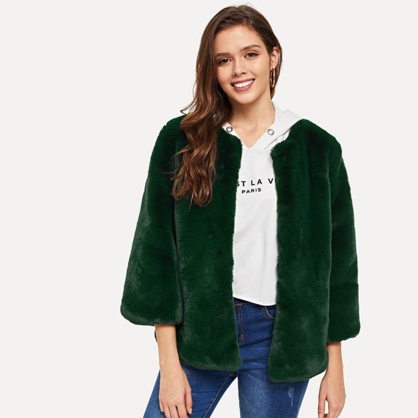 

Open Front Solid Faux Fur Coat, Green