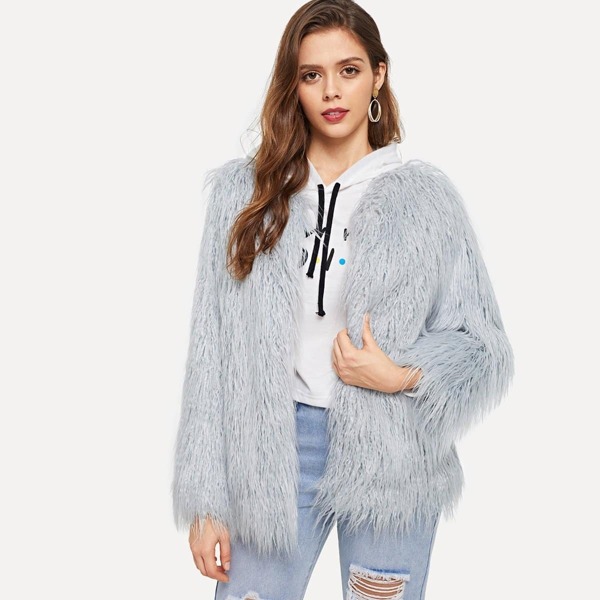 

Open Front Solid Faux Fur Teddy Coat, Grey