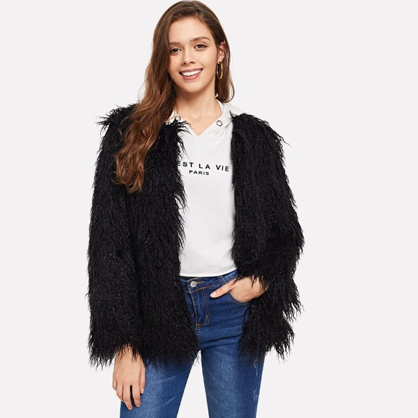 

Open Front Solid Faux Fur Coat
