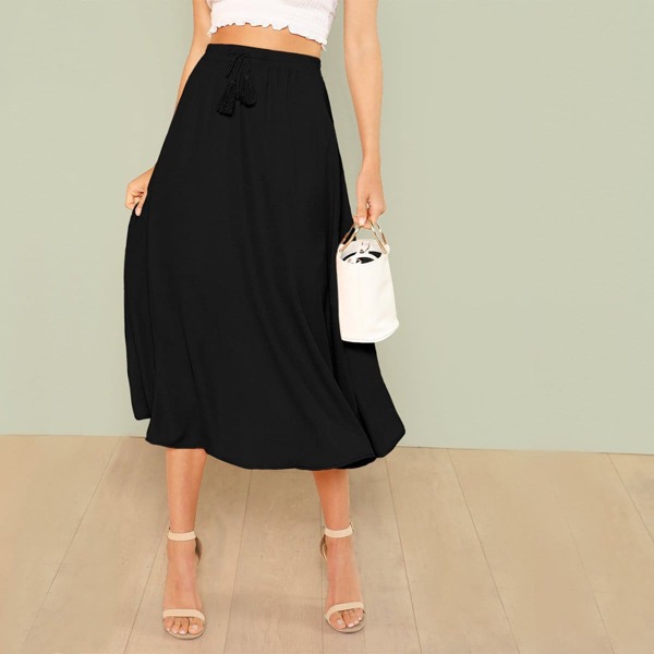 

Tassel Drawstring Waist Solid Skirt, Black