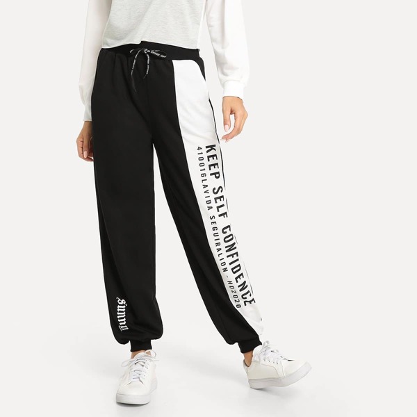 

Letter Print Contrast Panel Sweatpants, Black